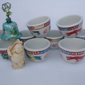 BUNDLE OF ASIAN VINTAGE Hand painted bowls, Bell, figurine